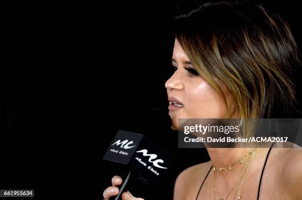 Singer-songwriter Maren Morris speaks during the 52nd Academy Of Country Music Awards Cumulus/Westwood One Radio Remotes at T-Mobile Arena on March...