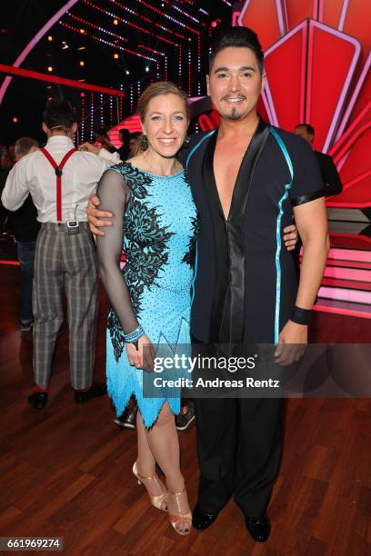 Anni Friesinger-Postma and Erich Klann pose after the 3rd show of the tenth season of the television competition 'Let's Dance' on March 31, 2017 in...