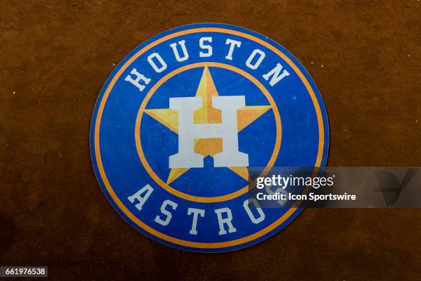 Houston Astros on-deck circle logo before the baseball game between the Houston Astros and the Chicago Cubs on March 31 at Minute Made Park in...