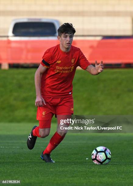 Anthony Glennon of Liverpool in action during the Liverpool v West Ham United U18 Premier League game at The Kirkby Academy on March 31, 2017 in...