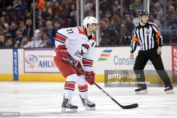 Charlotte Checkers D Jake Chelios during the first period of the AHL hockey game between the Charlotte Checkers and Cleveland Monsters on March 30 at...