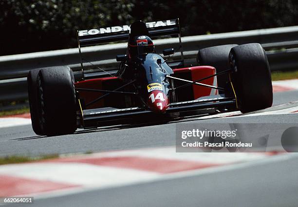 Olivier Grouillard of France drives the Fondmetal F1 SpA Fomet F1 Ford Cosworth DFR V8 during the Belgian Grand Prix on 25 August 1991 at the Circuit...