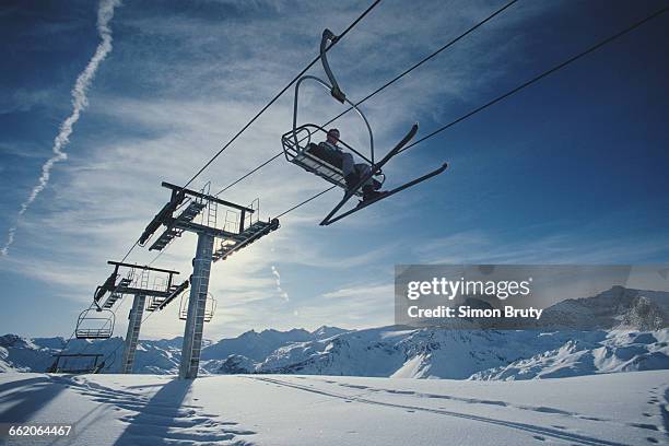 General view of ski chair lifts during the Freestyle Skiing World Cup event on 12 December 1987 in Tignes,Rhone-Alpes, France.