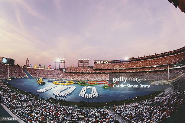 General view of the Olympic rings at the Opening Ceremony of the XXVI Summer Olympic Games on 19 July 1996 at the Centennial Olympic Stadium,...