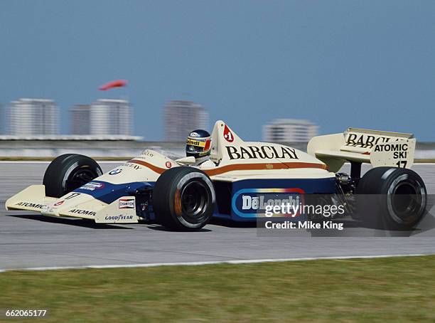 Gerhard Berger of Austria drives the Barclays Arrows BMW Arrows A8 BMW L4T turbo during practice for the Brazilian Grand Prix on 6 April 1985 at the...