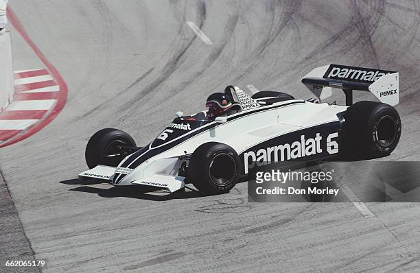 Hector Rebaque of Mexico drives the Parmalat Racing Team Brabham BT49C Ford Cosworth DFV V8 during the United States Grand Prix West on 15 March 1981...