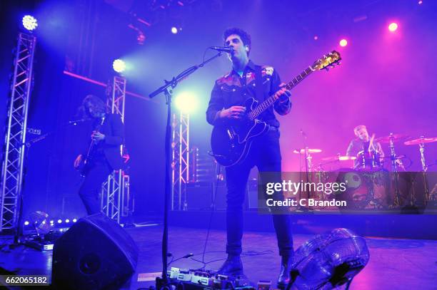 Joe Falconer, Kieran Shudall and Colin Jones of Circa Waves perform on stage at the Forum on March 31, 2017 in London, United Kingdom.