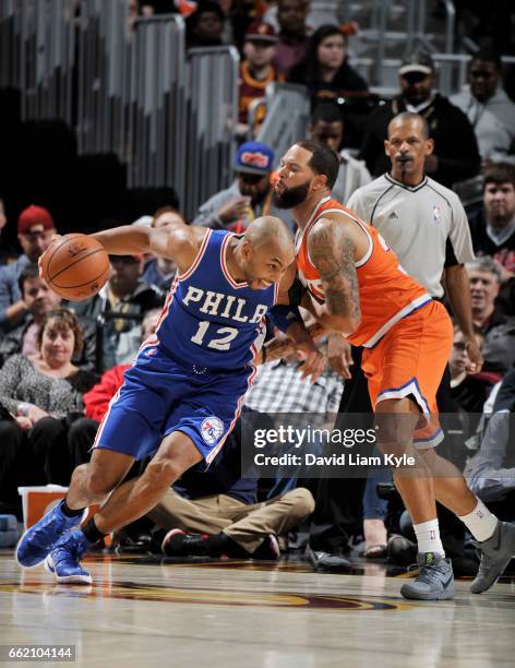 Gerald Henderson of the Philadelphia 76ers drives to the basket against the Cleveland Cavaliers during the game on March 31, 2017 at Quicken Loans...