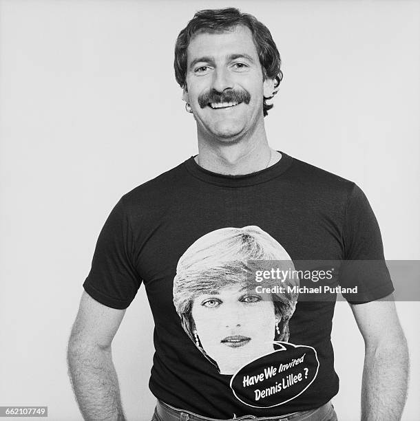 Australian cricketer Dennis Lillee, 1981. He is wearing a royal wedding t-shirt bearing a portrait of Princess Diana and a speech bubble reading:...