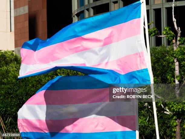 Trans pride flags flutter in the wind at a gathering to celebrate International Transgender Day of Visibility, March 31, 2017 at the Edward R. Roybal...