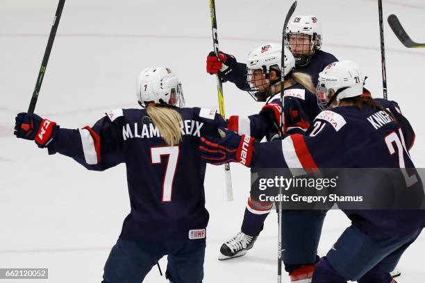 Brianna Decker of United States celebrates her second period goal against Canada with Hilary Knight, Monique Lamoureux and Kendall Coyne at the 2017...