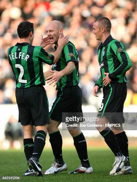 Celtic's Thomas Gravesen celebrates scoring his sides second goal of the game with Paul Telfer and Kenny Miller