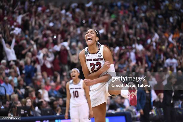 Ja Wilson of the South Carolina Gamecocks celebrates during the 2017 Women's Final Four at American Airlines Center on March 31, 2017 in Dallas,...