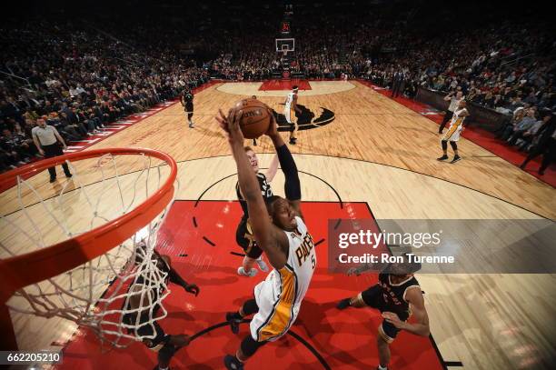 Lavoy Allen of the Indiana Pacers grabs the rebound; against the Toronto Raptors on March 31, 2017 at the Air Canada Centre in Toronto, Ontario,...