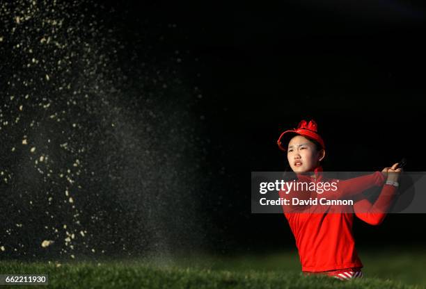 Lucy Li of the United States the fourteen year old amateur qualifier plays her second shot on the par 5, 11th hole during the second round of the...