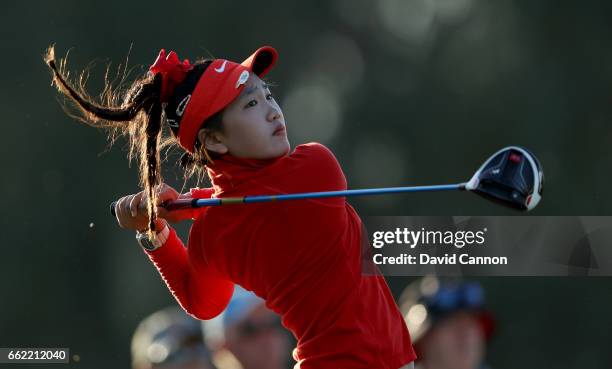 Lucy Li of the United States the fourteen year old amateur qualifier plays her tee shot on the par 4, 13th hole during the second round of the 2017...