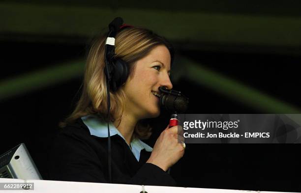 Sports commentator Jacqui Oatley, takes her position to become the first woman commentator in Match of the Day's 43-year history.