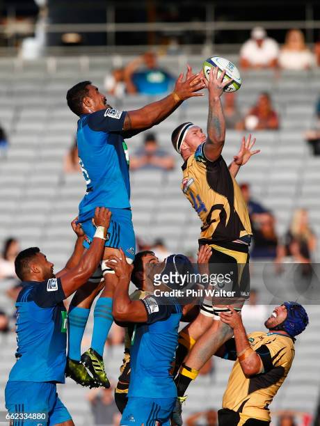 Matt Philip of the Western Force and Jerome Kaino of the Blues contest the ball in the lineout during the round six Super Rugby match between the...