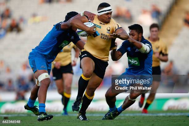 Shambeckler Vui of the Western Force is tackled during the round six Super Rugby match between the Blues and the Force at Eden Park on April 1, 2017...