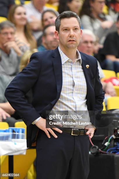 Head coach Ryan Odom of the UMBC Retrievers looks on during the Semi-final of the CollegeInsider.com Tournament against the Texas A&M-CC Islanders at...