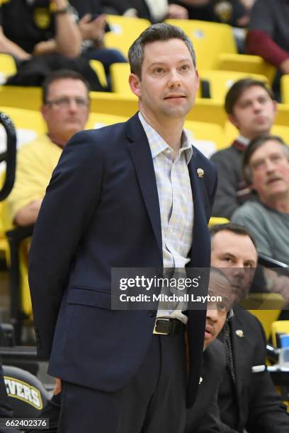 Head coach Ryan Odom of the UMBC Retrievers looks on during the Semi-final of the CollegeInsider.com Tournament against the Texas A&M-CC Islanders at...