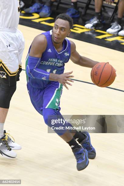 Kareem South of the Texas A&M-CC Islanders drives to the basket during the Semi-final of the CollegeInsider.com Tournament against the UMBC...