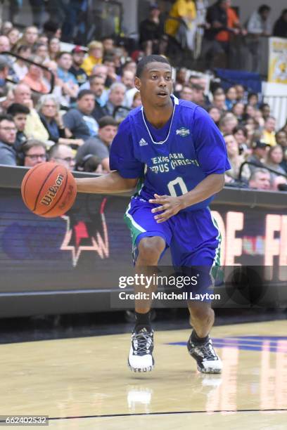 Kyle Brown of the Texas A&M-CC Islanders dribbles the ball during the Semi-final of the CollegeInsider.com Tournament against the UMBC Retrievers at...