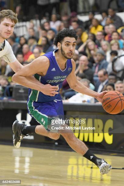 Ehab Amin of the Texas A&M-CC Islanders dribbles the ball during the Semi-final of the CollegeInsider.com Tournament against the UMBC Retrievers at...