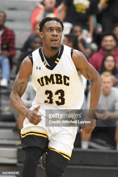 Arkel Lamar of the UMBC Retrievers runs up court during the Semi-final of the CollegeInsider.com Tournament against the Texas A&M-CC Islanders at The...