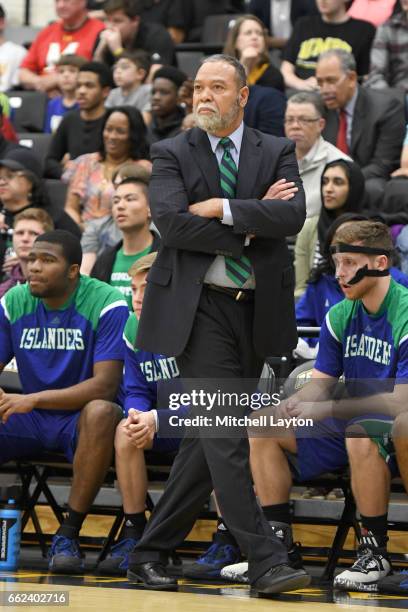 Head coach Willis Wilson of the Texas A&M-CC Islanders looks on during the Semi-final of the CollegeInsider.com Tournament against the UMBC...