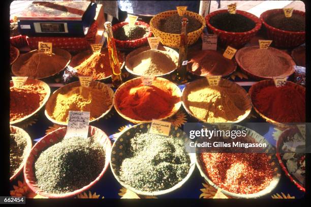 Spices stand for sale in the market October 15, 1997 in Nice, France. October in the area surrounding the French Riviera near Nice is noted for the...