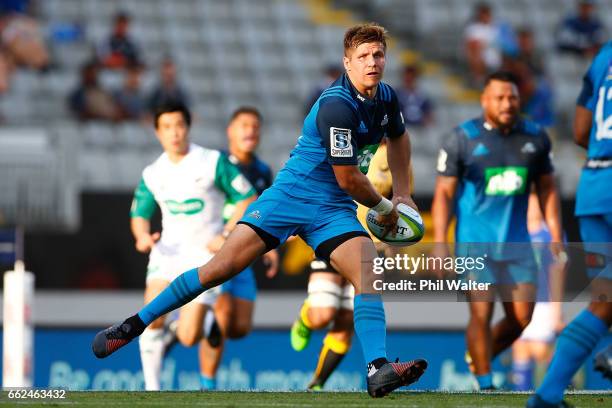 Piers Francis of the Blues passes during the round six Super Rugby match between the Blues and the Force at Eden Park on April 1, 2017 in Auckland,...