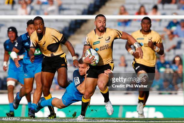 Michael Ruru of the Western Force is tackled during the round six Super Rugby match between the Blues and the Force at Eden Park on April 1, 2017 in...