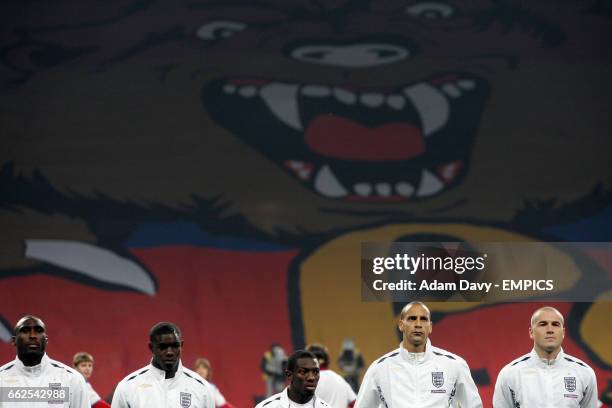 England's Sol Campbell, Micah Richards, Shaun Wright-Phillips, Rio Ferdinand and Paul Robinson line up before kick off