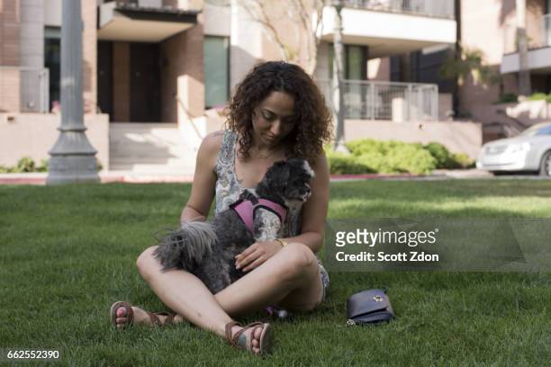 woman sitting in park with dog on her lap - scott zdon foto e immagini stock