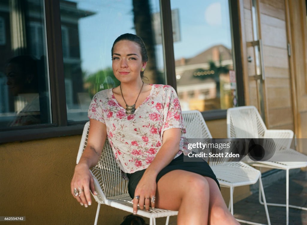 Woman outside cafe