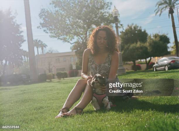 woman sitting in park with dog - scott zdon stock pictures, royalty-free photos & images
