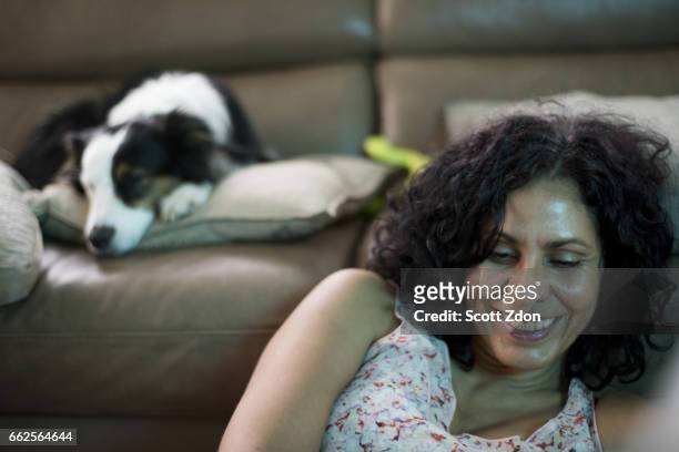 woman smiling with border collie in background - scott zdon stock pictures, royalty-free photos & images
