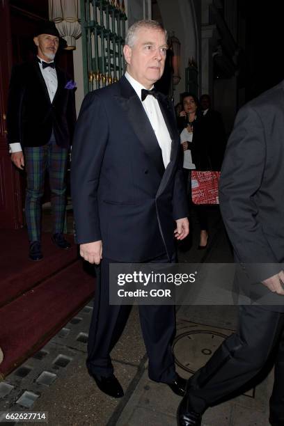 Prince Andrew Duke of York sighting at Park Chinois restaurant Mayfair on March 31, 2017 in London, England.