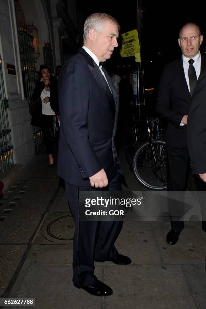 Prince Andrew Duke of York sighting at Park Chinois restaurant Mayfair on March 31, 2017 in London, England.