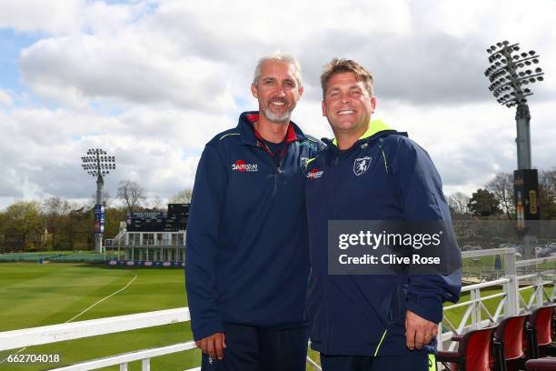 Jason Gillespie and Matt Walker of Kent CCC poses during the Kent CCC Photocall at The Spitfire Ground on March 31, 2017 in Canterbury, England.