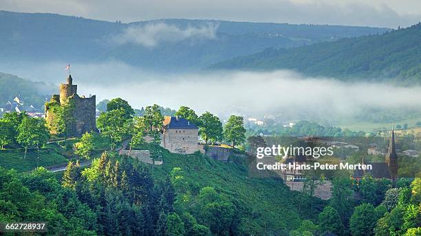 saarburg, castle ruin and evangelical church - sarre fotografías e imágenes de stock