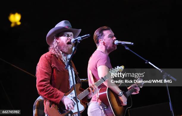 Singers John Osborne and T.J. Osborne of Brothers Osborne perform onstage at the Bash at the Beach presented by WME at the Mandalay Bay Beach at...