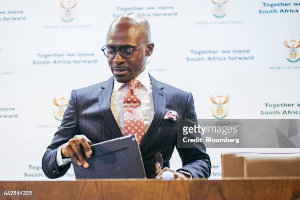 Malusi Gigaba, South Africa's finance minister, prepares to speak during a news conference in Pretoria, South Africa, on Saturday, April 1, 2017....