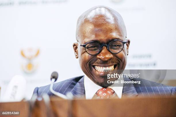 Malusi Gigaba, South Africa's finance minister, reacts during a news conference in Pretoria, South Africa, on Saturday, April 1, 2017. Gigaba said he...