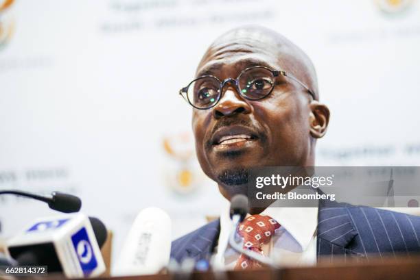 Malusi Gigaba, South Africa's finance minister, speaks during a news conference in Pretoria, South Africa, on Saturday, April 1, 2017. Gigaba said he...