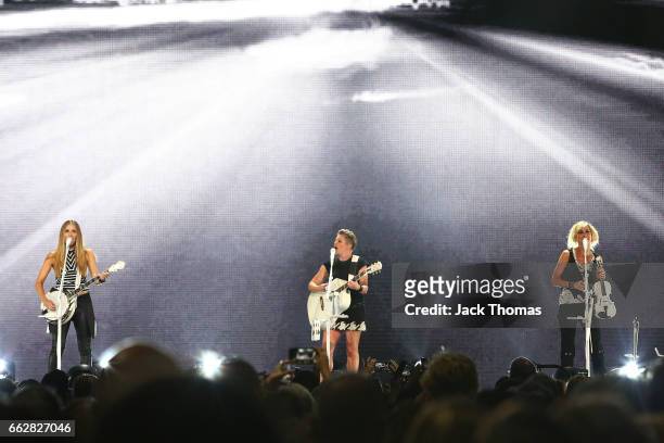 Emily Robison, Natalie Maines and Martie Maguire of The Dixie Chicks perform at Rod Laver Arena on April 1, 2017 in Melbourne, Australia.