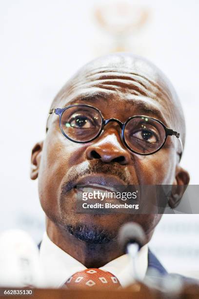Malusi Gigaba, South Africa's finance minister, speaks during a news conference in Pretoria, South Africa, on Saturday, April 1, 2017. Gigaba said he...
