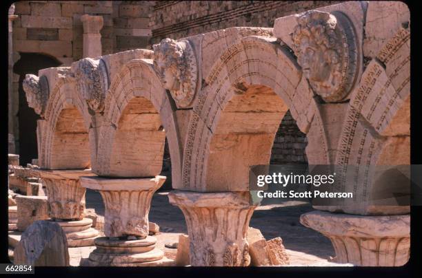 Row of arches remains standing September 12, 1999 in Leptis Magna, Libya. Originally established by the Phoenicians in the sixth century BC, the...
