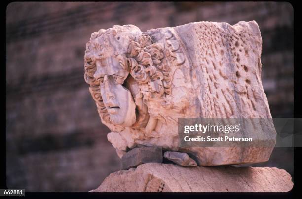 Carving of Medusa sits on a ledge September 12, 1999 in Leptis Magna, Libya. Originally established by the Phoenicians in the sixth century BC, the...